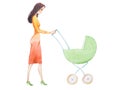 Cartoon illustration of beautiful young mother walking with a stroller