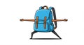Cartoon illustration of a blue backpack with human-like features. The backpack has Royalty Free Stock Photo