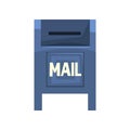 Cartoon illustration of blue outdoor mailbox. Large metallic roadside postbox. Public box with little slot for envelopes