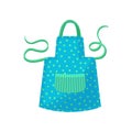 Blue polka dot apron with green strings. Women s cooking dress with big striped pocket. Protective garment. Flat vector