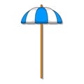 Cartoon illustration of a blue and white beach umbrella, on a white background. Royalty Free Stock Photo