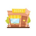 Cartoon vector icon of book store facade. Building with signboard, wooden door, big window, awning and decorative plants Royalty Free Stock Photo