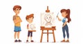 Cartoon illustration of boy drawing plaster head on canvas stand on easel in artist studio. Boy in student studio Royalty Free Stock Photo