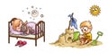 Cartoon illustration - boy playing on the sand and girl sleeping in bed Royalty Free Stock Photo