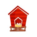 Cartoon vector icon of bright red chicken coop, fresh eggs in the nest. Wooden house for domestic birds Royalty Free Stock Photo