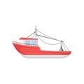 Flat vector design of bright red fishing boat. Big marine vessel. Element for infographic or mobile game Royalty Free Stock Photo