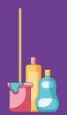 Cartoon illustration of a bucket with a mop in front of a liquid soap and cleaning facilities in plastic tubes isolated