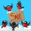 Cartoon illustration with bullfinches and wooden banner, concept of holiday sales