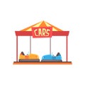 Cartoon illustration of bumper cars attraction under bright marquee. Amusement park or carnival. Colorful flat vector