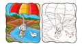 Cartoon illustration bunny skydiving with a dove coloring book