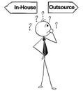 Cartoon Illustration of Business Man Doing In-House or Outsource