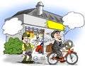Cartoon illustration of a a businessman who has mounted a steering wheel on his bike