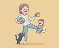 Humorous Busy Mom Cartoon Balancing Child, Coffee, Laundry, and Playful Black Cat Royalty Free Stock Photo