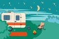 Cartoon illustration of a Camper RV in the forest. Trailer for a roadside house among the trees. Landscape with a