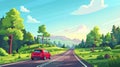 Cartoon illustration of car road trip in summer scenery. Freeway tourism on red car via forest scene banner. Adventure Royalty Free Stock Photo