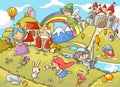 Cartoon illustration of castle in fairytale with king, queen, knight, princess and fairy-vector