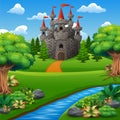 Cartoon Illustration of Castle on hill Landscape