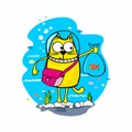 Cartoon illustration. Cat catches a fish Royalty Free Stock Photo