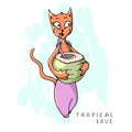 Cartoon illustration of a cat drinking coconut milk. Vector Royalty Free Stock Photo