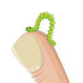 Funny cartoon illustration of a caterpillar crawling on a finger