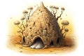 Cartoon illustration of a cave house with a tree in the middle