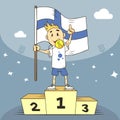 Cartoon illustration champion of Finland with flag in his hand