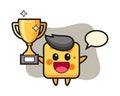 Cartoon illustration of cheese is happy holding up the golden trophy