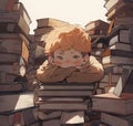 A cartoon illustration of a child sitting in a big pile of books