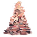 A cartoon illustration of a child sitting in a big pile of books Royalty Free Stock Photo