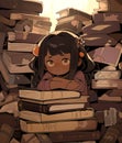 A cartoon illustration of a child sitting in a big pile of books Royalty Free Stock Photo