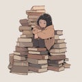 A cartoon illustration of a child sitting in a big pile of books Royalty Free Stock Photo