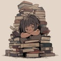 A cartoon illustration of a child sitting in a big pile of books Royalty Free Stock Photo