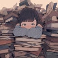 A cartoon illustration of a child sitting in a big pile of books Royalty Free Stock Photo