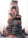 A cartoon illustration of a child sitting in a big pile of books Royalty Free Stock Photo