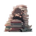 A cartoon illustration of a child sitting in a big pile of books Royalty Free Stock Photo