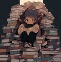 A cartoon illustration of a child sitting in a big pile of books Royalty Free Stock Photo