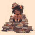 A cartoon illustration of a child sitting in a big pile of books