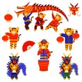 Cartoon illustration for children, Chinese New Year. A tiger plays a drum. Vector isolated on a white background