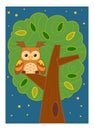 Cartoon illustration for children, colorful poster. Night landscape. The owl in the tree Royalty Free Stock Photo