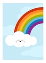 Cartoon illustration for children, colorful poster. Rainbow and clouds in the blue sky
