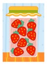 Cartoon illustration for children, colorful poster. Strawberry in jar