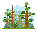 Cartoon illustration for children. Flat spring forest with blooming trees