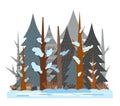 Cartoon illustration for children. Flat winter mixed coniferous forest, early spring sunny day