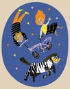 Cartoon illustration of children riding a bike next to a zebra in autumn