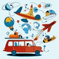 Cartoon illustration of childrens toys on the theme of travel. Generative AI