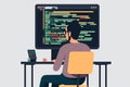 Cartoon illustration of coder writing script or html code for game software. Generative AI
