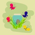 Cartoon illustration with colorful flying butterflies and glass jar in the grass on the green background