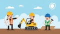 Construction Workers Cartoon Building, Excavator, Teamwork Royalty Free Stock Photo
