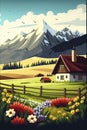 cartoon illustration, country landscape with house , mountains ,trees and flowers , ai generative