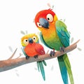 Cartoon illustration of a couple of colorful funny parrots sitting on a branch. Watercolor illustration for children\'s book. Royalty Free Stock Photo